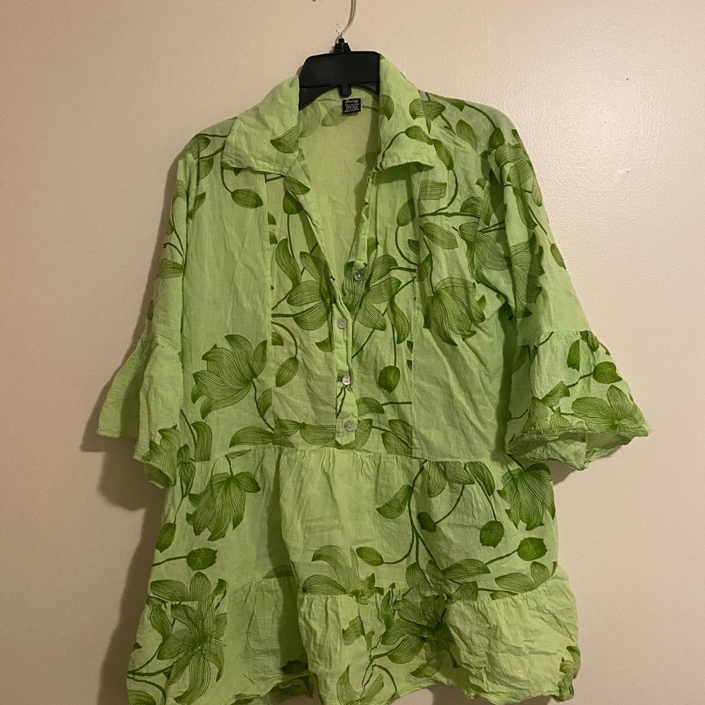 Zury 100% Cotton Green Floral Button-Up Blouse